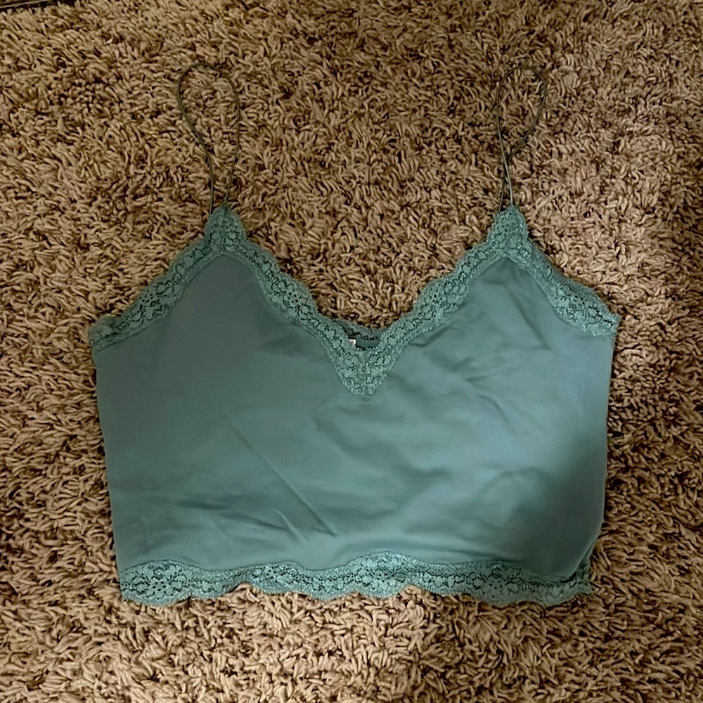 Laced up top- crop top- sage green, not itchy soft and silky.